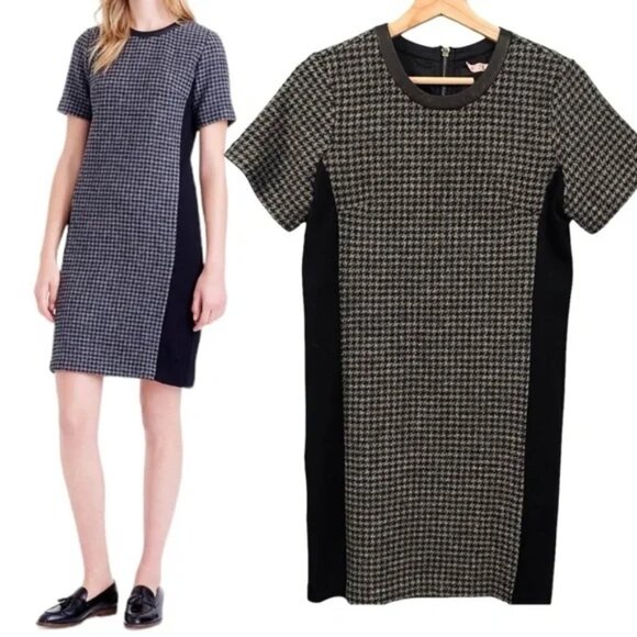 J. CREW Dresses & Skirts - J. CREW NWOT Houndstooth Shift Dress Gray/Black Leather Trim 100% Wool Size 8